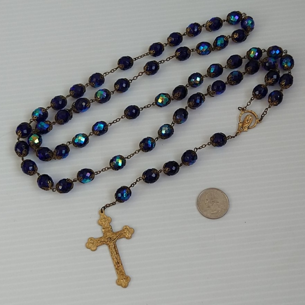 Blue Iredescent Glass (?) Beaded Rosery Heavy